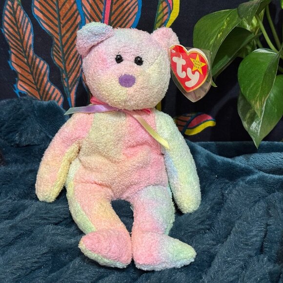 Ty Original Beanie Baby, Groovy the Bear, Tie-Dye Rainbow, DOB January 10, 1999 - Picture 1 of 15